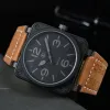 Reloj para hombre Modelo BR Deporte Correa de caucho Movimiento mecánico Fecha automática Campana Reloj multifunción de lujo Negocio Acero inoxidable Hombre Ross Reloj de pulsera cuadrado 15p