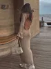 Kvinnor chic solid stickad lång klänning sexig rund hals full blossad ärm rygglös frock sommar lady beach party elegant vestidos 231225
