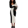 Casual Dresses Women Knit Sweater Maxi Dress Long Sleeve Scoop Neck Contrast Color Bodycon Ribbed Fall Party