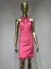 Robes décontractées Bandage rose pour femmes 2023 Designer de luxe sans manches Furry Hem Bodycon Mini Soirée Club Party Robe d'invité de mariage