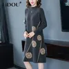 Casual Dresses Autumn Winter Half High Collar Patchwork Knitting Robe Femme Loose Fashion Vestidos Women Thick Warm Straight Midi Dress