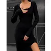 Vestidos casuais Office Moda Office de manga comprida Solid Solid High Dress Sexy Mulheres Autumn Slim Square Neck Split Sweater Vestidos 30178