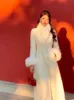 2023 Women s Elegant White Fur Collar Woolen Coats Female Slim A line Chinese Style Long Lady Vintage Thick Warm 231225