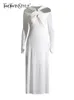 Twotyle Tricoting White Robes pour femmes V cou mande à manches longues hautes creux de robe mince des vêtements d'été féminins 231225