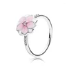 Cluster Rings Authentic 925 Sterling Silver Pink Magnolia Bloom Flower Fashion Ring for Women Gift DIY Jewelry