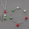 Halsbandörhängen Set Pearl and Armband smycken 6-8 mm rund Sterling Silver Red Black Pink Pearls PB695
