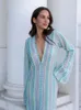 Women Striped Hooked Crochet Knit Long Dress Fashion V-neck Hollow Out Long Sleeve Slim Dresses Chic Female High Street Robes 231225