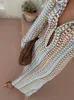 Women Striped Hooked Crochet Knit Long Dress Fashion V-neck Hollow Out Long Sleeve Slim Dresses Chic Female High Street Robes 231225