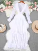 Casual Dresses White Ruffle Dress For Women 2023 Lace Female Long Sleeves Robe High Waist Beachwear Elegant Deep V Cover Up Cut Out Clothes