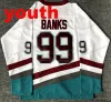 Youth Kids Mighty Ducks Movie Hockey Jersey #96 Charlie Conway #99 Adam Banks #66 Gordon Bombay #33 Greg Goldberg Jerseys sydd White Gree