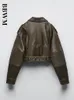 TRAF Женская винтажная свободная короткая куртка из искусственной кожи большого размера с поясом, уличная одежда, женское байкерское пальто на молнии в стиле ретро, верхняя одежда 231226