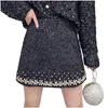 Schwere Industrie-Perlen-Strass-Tweed-Rock mit hoher Taille, schmal im Herbst und Winter, A-Linien-Rock, S, M, L, XL