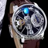 BZF Astronomia Tourbillon Orologio svizzero da uomo al quarzo Cassa in acciaio inossidabile 316L Sky Skeleton 3D Globe Dial non gira Marrone Lea274r