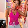 Mulheres Swimwear Sexy Boho Beach Holiday Camisole Halter Mulheres Crochet Knit Swimsuit Bra Backless Vest Hollow Tassel Tank Top Crop Tops