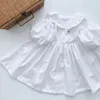 Flicka klänningar barn kläder flickor vår sommar puff hylsa sjöman krage klänning för spädbarn solid bomullslinne små barnkläder