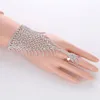 Slav Silver Hand Crystal Chain Ring Bridal Armband Bangle Rhinestone Hand Decoration Wedding Cuff Aatt Ring Set Gold230o