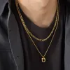 Stylish Black Square Necklace for Men Golden Color 14k Yellow Gold Rope Cuban Box Figaro Wheat Chain Double Layered Collar Gifts