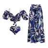 여성 수영복 스파게티 스트랩과 커버 업이있는 깊은 파란색 꽃 무늬 비키니 231225
