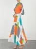 Robes de travail ZJYT Midi robe plissée ensembles deux pièces tenue pour femmes 2023 automne imprimé géométrique haut à manches longues extensible et jupe costume