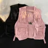 Classic Multi Pocket Tactical Vest Coat Japanese Couple Workwear Hip Hop Streetwear Pink Single Button Sleeveless Jackets 231226