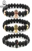 HOBBORN Trendy Natural Lava Stone Bracelet Women Men Hip Hop Rose Gold Silver Color Charm CZ Skull Bracelets Pulsera Hombre2683390