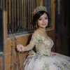 Champagne Ball Gown Quinceanera Dresses Colorful Floral Appliques Lace 3D Flowers Beads Tull Corset Vestidos De 15 Anos