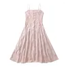 Casual Dresses Yenkye Pink Jacquard Spaghetti Strap Party Elegant Women Nacing Up Back A-Line Midi Sexig klänning Summer Robe