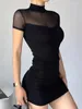 Robes décontractées Goth Dark Mock Neck Y2K Bodycon Mini Gothic Femmes Mesh Patchwork Sheer Party Dress