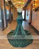 African Dark Green Halter Mermaid Prom Dresses for Black Girls 2024 Elegant Plus Size Birthday Party Sequined Lace Appliques Formella klänningar 322