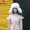 100% Real Fox Fur Hat Women Russian Ushanka Trapper Snow Skiing Hat Caps Earflap Winter Raccoon Fur Bomber Hat 231225