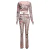 Wind Sping Autumn Womens Tracksuits Two Pieces Set Designer New Sexy Mesh Print Lace Up Top High midje täta byxor