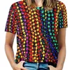 Camisetas femininas Mardi Gras: Camiseta com estampa de miçangas coloridas Moda estampada com zíper decote em V manga curta casual plus size