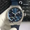 3 estilos TWA 42mm Overseas Dual Time Power Reserve Cal 1222 SC Relógio automático masculino 47450 000A-9039 mostrador azul pulseira de borracha para homens W320H