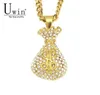 UWIN STANLESS STEEL DOLLAR SIGON PRUSE GOLD COINS MONEY BAG BAG PENDANT RHINESTONE CHARMS ICED OUT NECTLACE HIP HOP 2010141649540