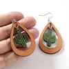 Dangle Oorbellen 2 Delige Uitsparing Houten Teardrop Cactus Voor Vrouwen Plant Lady Westerse Sieraden Groothandel