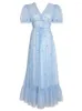 Party Dresses AIGYPTOS Maxi Women Summer Elegant Slim Sexy V-Neck Embroidery Floral Fairy Dress Korean Mesh Ruffles Plaid Blue