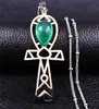 Egyptiska tvärgående rostfritt stål Green Stone Charm -halsband för kvinnor Silver Color Jewelry Collier Femme NXS04 Pendant Necklace4185301