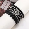 Charm Bracelets Vintage Leather Bracelet For Men Compass Series All Black Men's Weaving Set Handrope Hand Jewelry 4pcs