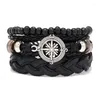 Charm Bracelets Vintage Leather Bracelet For Men Compass Series All Black Men's Weaving Set Handrope Hand Jewelry 4pcs