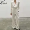 Calças femininas de duas peças Oymimi elegante bege escritório mulheres 2 outfit set moda lapela manga comprida botão camisas e cintura alta simples