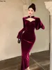 Casual Jurken Vrouwen Sexy Hol Bourgondië Feestjurk Vintage Franse Flare Mouw Bodycon Fluwelen Bruiloft Herfst Winter Gewaad