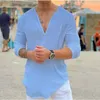 Magliette da uomo T-shirt casual con scollo a V in tinta unita 2024 Camicia in lino di cotone a maniche lunghe Top allentato hawaiano