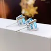 Stud Earrings 925 Sterling Silver Aquamarine High Carbon Diamond Radiant Cut Princess Square Main Stone 7 7mm Woman