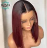 Spetsspår 1b 99J Bourgogne Short Bob Human Hair Wig Brazilian Remy 13x6 HD Front Preplucked Ombre Wine Red 150 Flowereason746919866694343