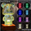 Dekorativa objekt Figurer 3D Firework Bear LED Night Light 7 Color Atmosphere Projector Romantic Bedroom Decoration Desktop Lam OT7SD