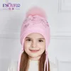 Njutfur s bowknot barn vinter hattar äkta päls pompom stickad hatt flicka vackra rosa flickor mössor höst mössor 231225