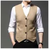 Men's V-neck Sleeveless Knitted Cardigan with Pockets Three-button Slim-fit Sweater Vest Suitable for Business