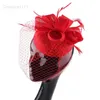 Vermelho elegante malha fascinator chapéu casamento chapeau boné de cabelo senhoras noiva véu chapeau boné igreja millinery feminino fedora boné 231225