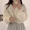 Kort stickad Cardigan Sweet Korean V Neck Lantern Sleeve Sweaters for Women Fall Wild Simple Croped Pink Coat 231225