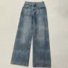 Raka kvinnor denim byxor jeans bokstäver front designer lyxiga jean byxor tillbaka midja pu läder lapptäcke jeans